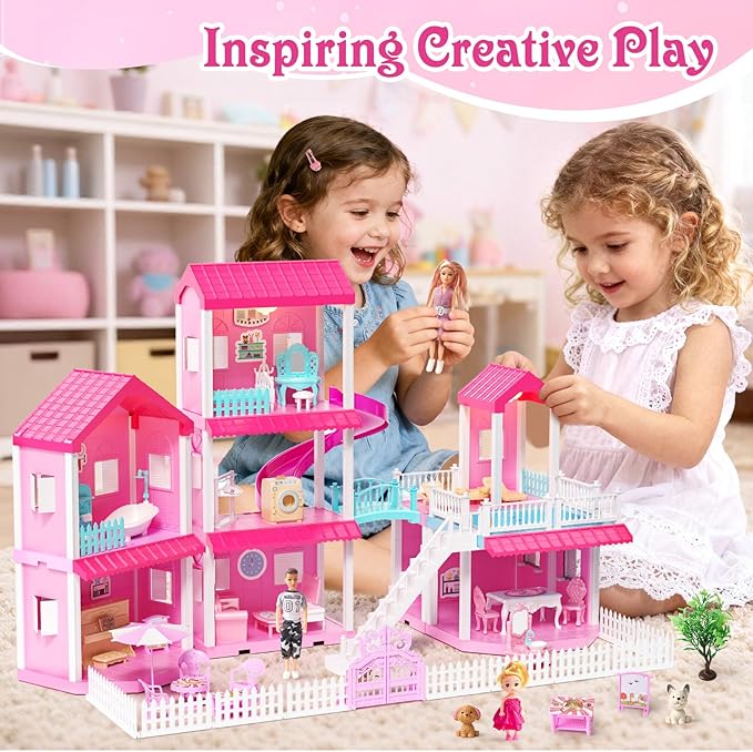 Toylink Pink Doll House for Girls, 3-Story Villa Playset with Light, 3 Dolls, Pool & Slide, Dollhouse Furniture and Accessories, Pretend Play Toddler Toys Birthday Gifts for Kids 3 4 5 6 7 8