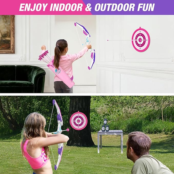 2 Pack Bow and Arrow for Kids, LED Light Up Archery Set with 24 Suction Cup Arrows, 2 Hanging Targets, 6 Score Targets & 2 Quiver, Indoor Outdoor Sport Toys for Girls Ages 4-12
