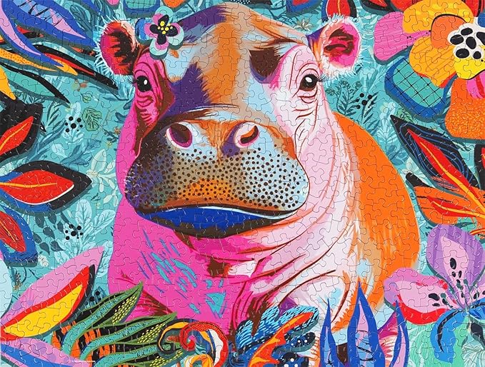 Springbok Floral Hippo Pop 500 Piece Jigsaw Puzzle for Adults and Family - Colorful Pygmy Hippo - Unique Cut Pieces - Made in USA