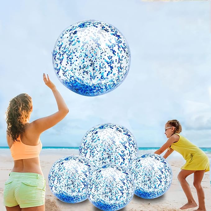 5 Pcs Inflatable Beach Balls, 16 Inch & 24 Inch Large Confetti Glitter Beach Balls, Sequins Clear Blow up Pool Balls Toys for Christmas Party Decorations 2026 New Year Birthday Summer Swimming Pool