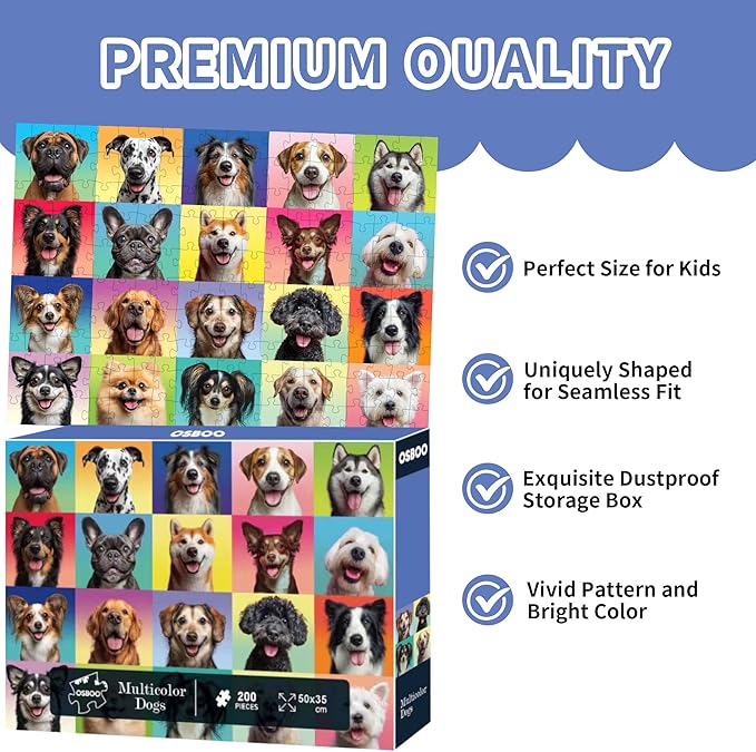 Dog Puzzles for Kids Ages 6-8 8-10, 200 Pieces Jigsaw Puzzle for Kids and Adults, Multicolor Puppy Theme Puzzles for Children, Christmas Collection Gift