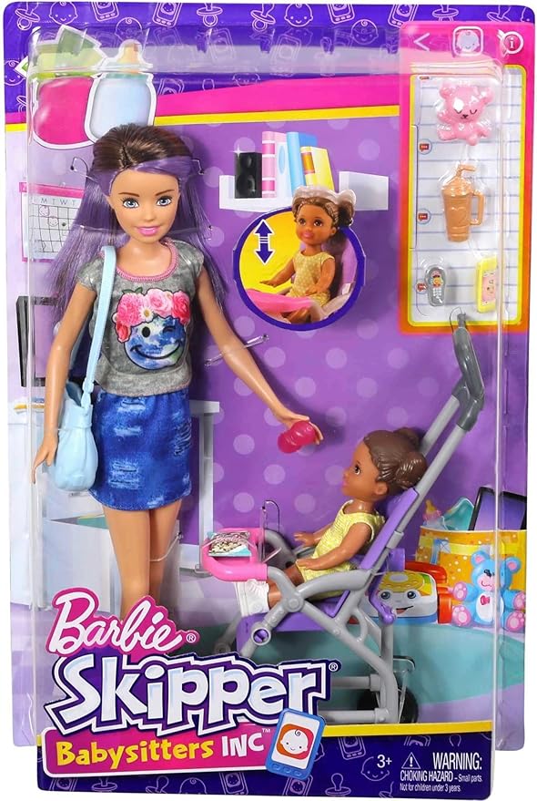 Barbie Skipper Babysitters Inc 2 Dolls & Accessories Set with Brunette Skipper Doll, Small Doll & Bouncy Stroller (Amazon Exclusive)