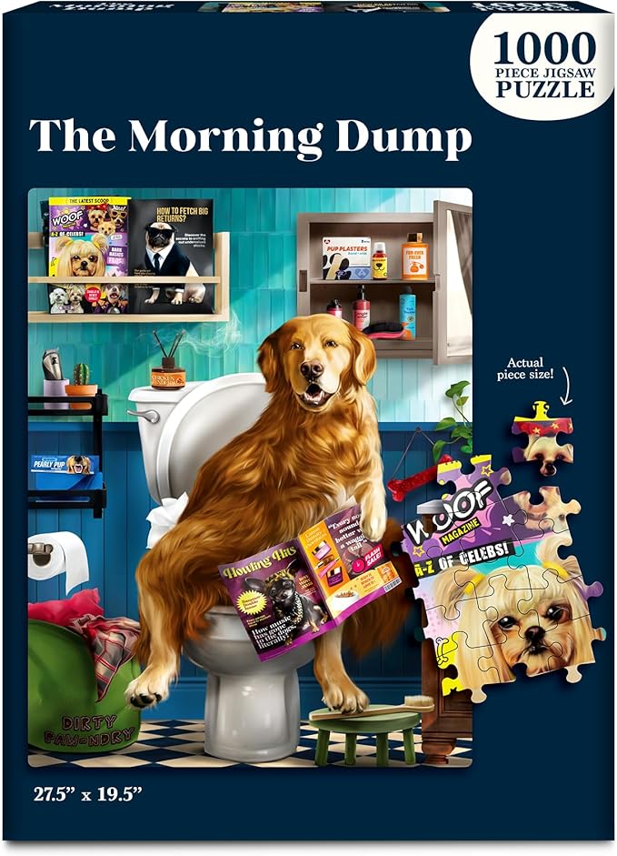 Jigsaw Puzzle 1000 Pieces - The Morning Dump, Fun for Families, Friends, Puzzle Enthusiasts, Game Nights, Includes Sorting Trays, Poster, Gifts for Dog Lovers Ages 15+, Finished Size 27.5” x 19.5"