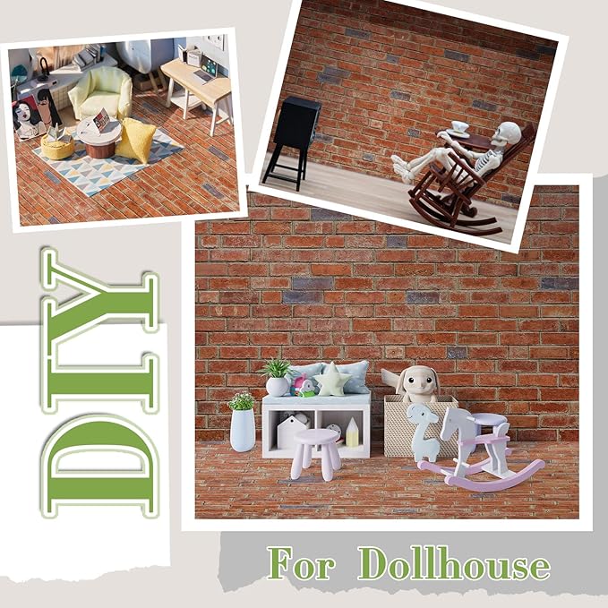 Flutesan 24 Pcs Miniature Dollhouse Wallpaper and Flooring Peel and Stick Mini DIY Self Adhesive Dollhouse Accessories 8.27 x 11.69 Inch (Red Clinker)