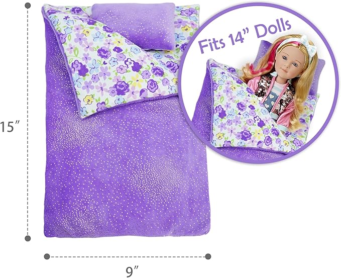 June Garden Cozy Dream Reversible Doll Sleeping Bag - 2-Piece Playset Doll Accessory with Pillow - Fits 14" American Girl Dolls - Gifts for Girls 2 3 4 Year Old