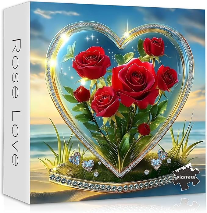 Heart Puzzles for Adults 1000 Pieces, Rose Flower Crystal Beach Romantic Valentine's Day Puzzle, Floral Love Puzzle Ocean Challenge Jigsaw Puzzle