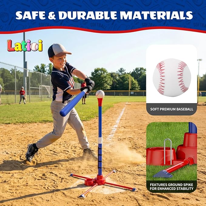 3-in-1 T Ball Set for Kids 3-5, Adjustable Baseball Tee with Auto Ball Launcher, Hanging Stand & 4 Balls, Indoor/Outdoor Sports Toys Gifts for Boys Girls Ages 5-8