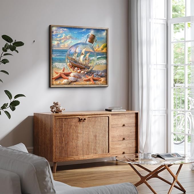 Beach Puzzles for Adults 1000 Pieces, Seashells Jar Sailboat Art Jigsaw Puzzles, Summer Ocean Starfish Puzzle as Home Wall Art