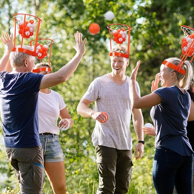 Head Hoop Basketball Party Game Set for Kid Adult Carnival Game Portable Adjustable Basket Net Headband with Balls for Birthday Carnival Office Indoor Outdoor Activity Fun Gift Back to School