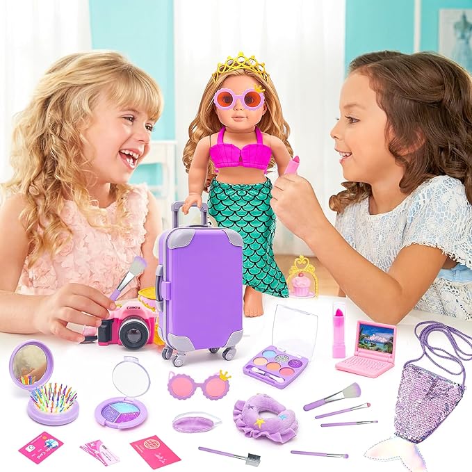 HAPGFS American 18 Inch Doll Makeup Accessories and Travel Set Mermaid, Including Purple Suitcase Luggage Dress Eye Shadow Lipstick Eyelash Brush Dolls Travel Gear Play Set Gift for Birthday (NO Doll)