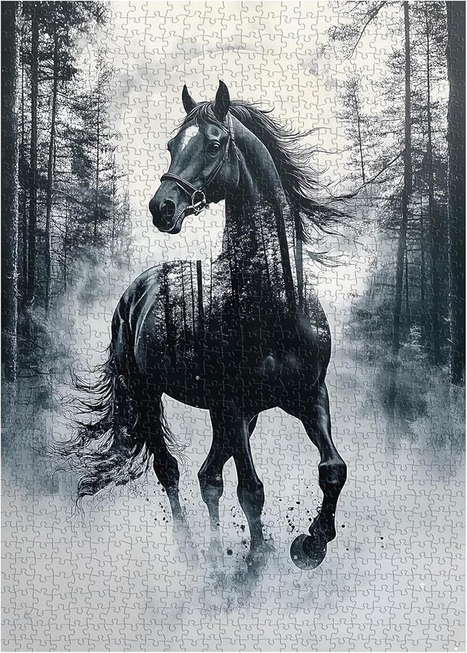 PICKFORU Vintage Horse Puzzles for Adults 1000 Pieces, Retro Watercolor Nature Animal Jigsaw Puzzles, Impossible Ink Painting Tree Adult Puzzle