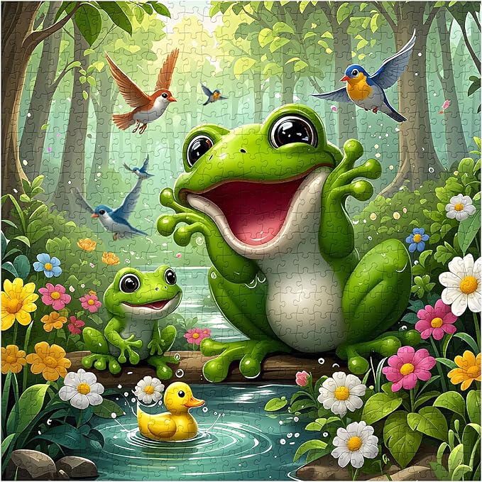 Cute Forest Frog Puzzles for Adults 1000 Pieces, Nature Animal Scene Jigsaw Puzzle with Birds, Flowers, Ducks, Challenging Colorful Theme Puzzle as Home Wall Art Decor