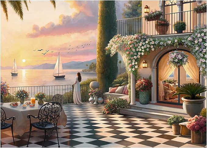 Puzzles for Adults 1000 Pieces, Rocorose Sunset Courtyard Puzzle Sea Landscape Challenging Family Puzzles for Gift Game Night Fun Activity Christmas Home Decor
