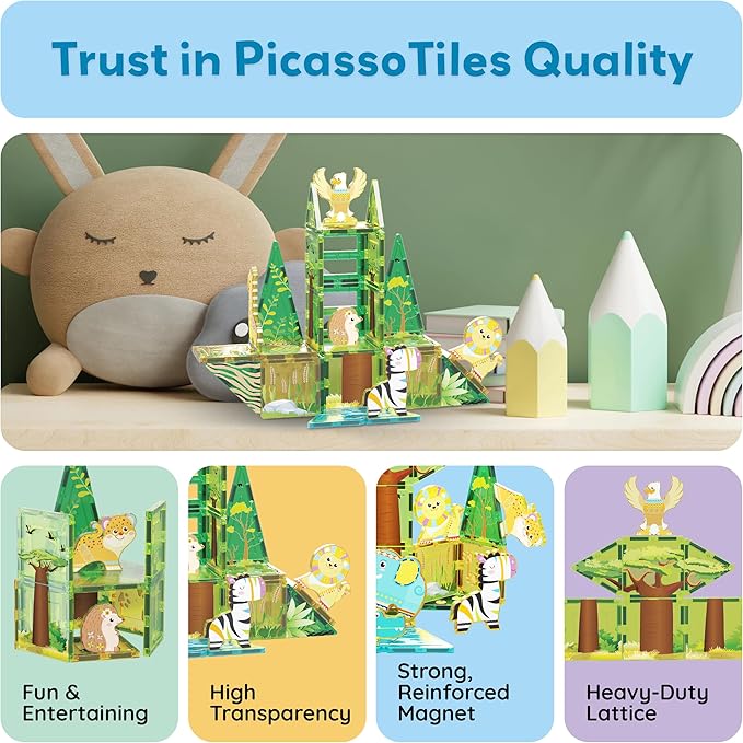 PicassoTiles Magnet Building Blocks 8 Safari Animal Magnetized Action Figures Compatible with Magnetic Assembly Build Tile Toys Accessory Toyset STEAM Educational Learning Girls Boys Ages 3+ PTA22