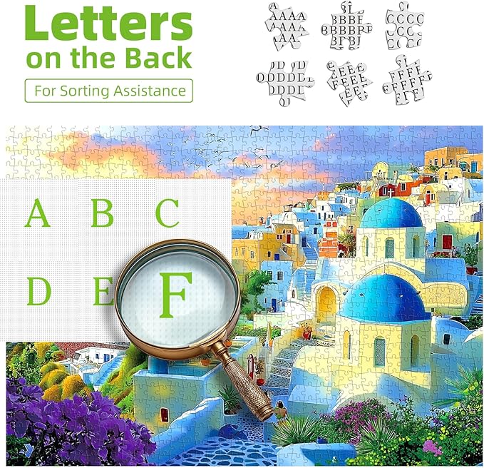 1000 Piece Adult Jigsaw Puzzle Santorini Greece Sunset Beautiful Blue Domed Churches Aegean Sea Village Landscape Puzzle with Letters on Back for Adults Seniors Game Night