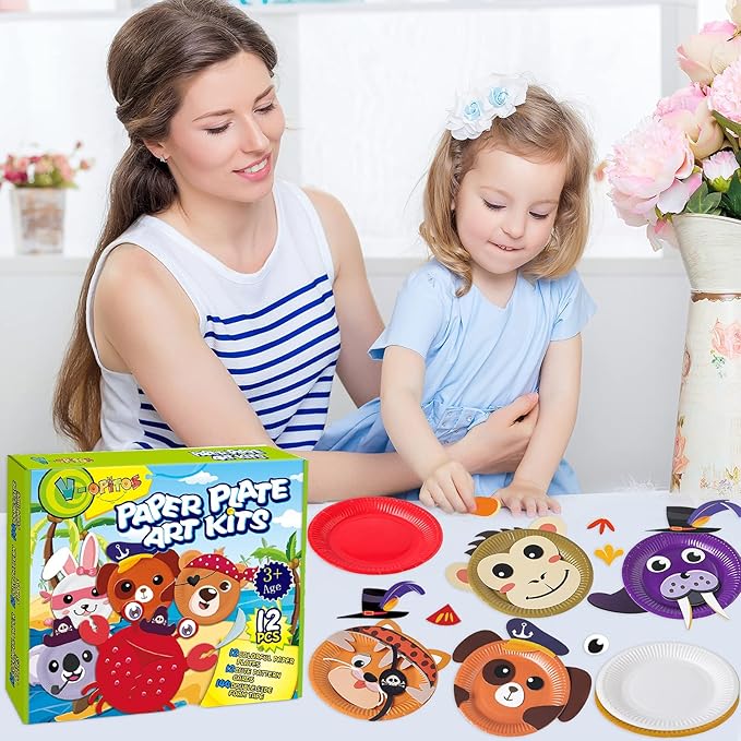 V-Opitos Arts and Crafts Kits for Kids, 12 Pack Paper Plate Crafts, Simple Animal Crafts for Toddler Age of 3, 4, 5 Years Old, Fun Preschool Classroom Activity Project for Boy & Girl