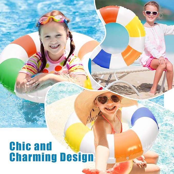 Whaline 4Pcs Inflatable Swimming Float Toy Striped Swim Ring Fun Print Pool Lounger Tube for Summer Swimming Beach Party