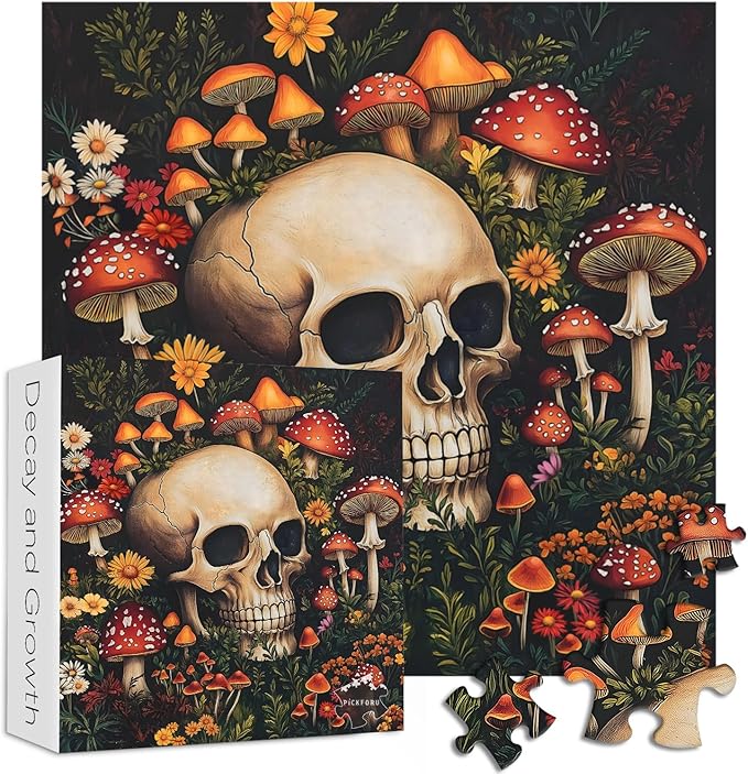 Vintage Mushroom 1000 Piece Puzzle for Adults, PICKFORU Horror Jigsaw Puzzles Skeleton Skull, Colorful Wildflower Puzzles for Adults, Terror Skull Puzzle as Mushroom Art