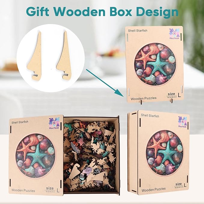 Mocfesk Wooden Puzzles for Adults, Shell Starfish Puzzles 500 Pieces, Unique Shaped Underwater Ocean Jigsaw Puzzles for Adults and Kids, Birthday Gifts Fun Challenge Family Game 16.5'' x 16.5''