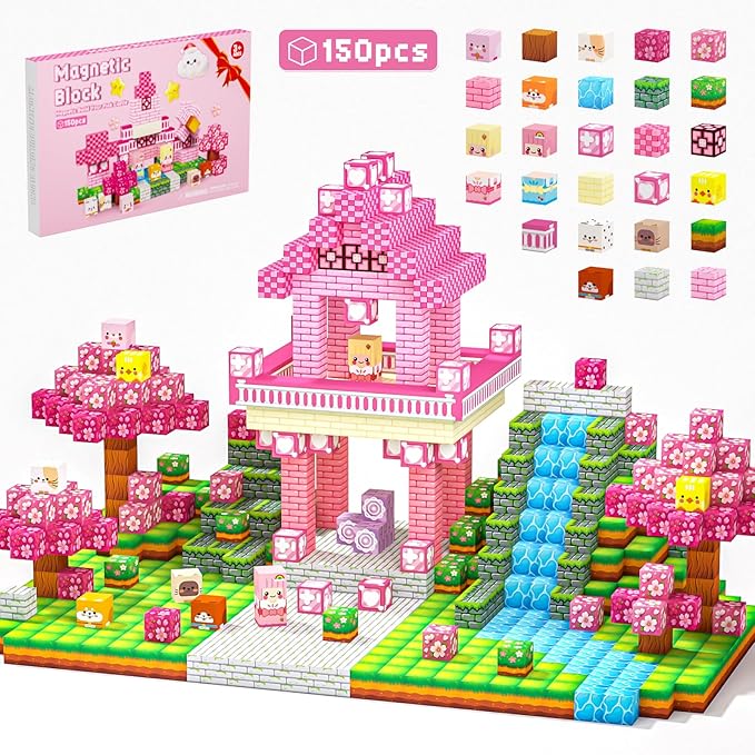 Magnetic Building Blocks, STEM Toys Educational Magnet Cubes for Kids Ages 4-12 (Pink Castle-150pcs)