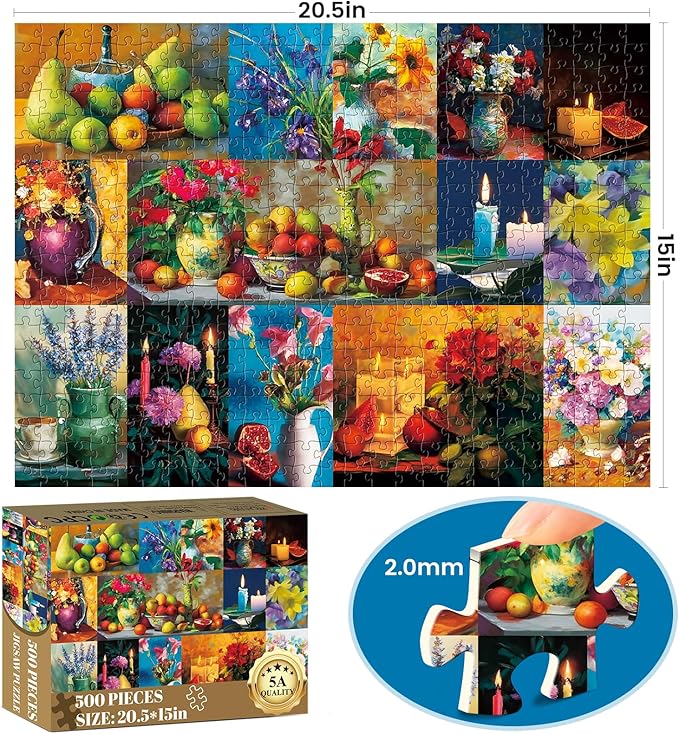 500 Piece Puzzle for Adults,Still Life Beauty Puzzle for Adults,Flowers, Fruit and Vases Jigsaw Puzzle,Home Decor Frameable,Unique,Perfectly-Fitting Pieces,Family Activity Game Nights Gifts,20.5x15in