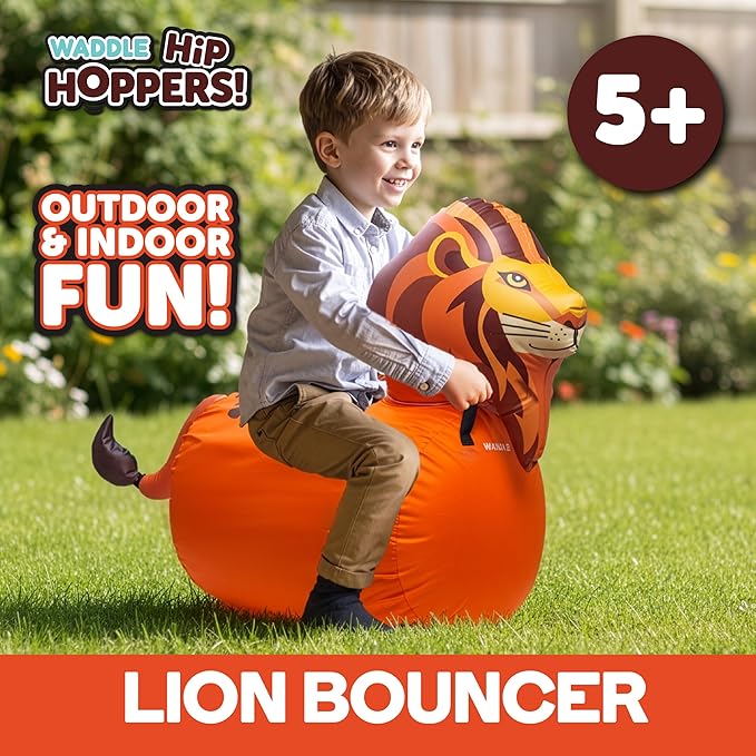 Waddle Hip Hoppers Large Bouncy Hopper Ride On Toys - Inflatable Hopping Animal Bouncer for Kids Girls & Boys, Easy Grip, Stable Base, Outdoor & Indoor, Supports Up to 250 Lbs, Ages 5 and Up (Lion)