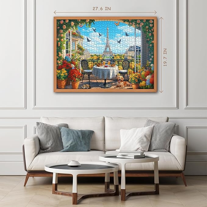 Paris Jigsaw Puzzles 1000 Pieces, Flower Landscape Scenery Puzzle Features Bird Dog Cat Butterfly, Eiffel Tower Nature Scenic Floral Challenge for Adults