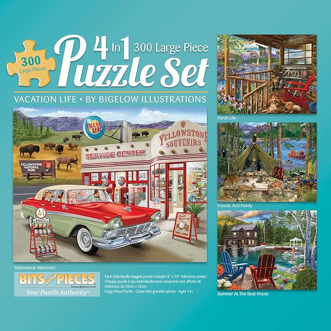 Bits and Pieces – 4-in-1 Multi-Pack Large 300 Piece Jigsaw Puzzles for Adults – Jigsaw Puzzle Set Bundle by Bigelow Illustrations, Completed Puzzle Size: 16" x 20"