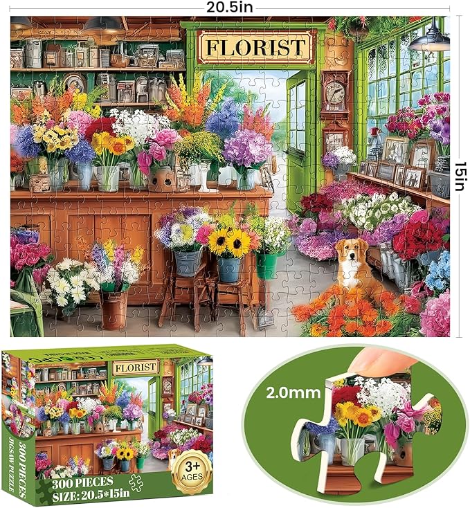 300 Piece Puzzles for Adults,Colorful Flower Shop Scene with Dog,Botanical Jigsaw Puzzle for Kids Teen Adults,Interlock Perfectly Letters on Back,Challenging Puzzle for Family Game Nights,20.5 x 15 in