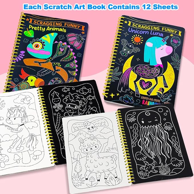 JUNQIU Easter Basket Stuffers, 2 Pack Animal & Unicorn Scratch Art for Kids, Rainbow Scratch Paper Art Notebook, Arts and Crafts for Boys Girls, Birthday Gifts Party Games