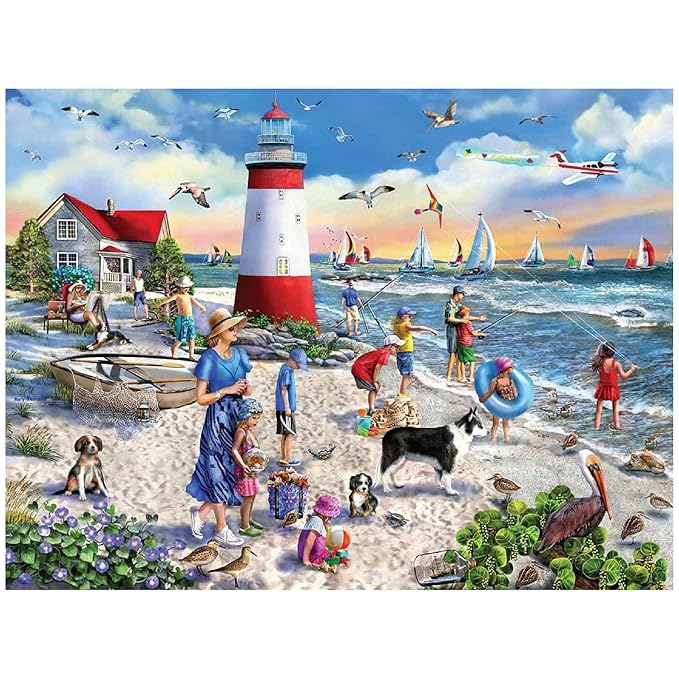 White Mountain 500 Piece Jigsaw Puzzle Summer Sailboat Ocean Puzzles with Large Pieces Gift for Adults and Seniors 18"x24" - Lighthouse Beach