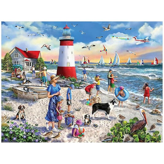 White Mountain 500 Piece Jigsaw Puzzle Summer Sailboat Ocean Puzzles with Large Pieces Gift for Adults and Seniors 18"x24" - Lighthouse Beach