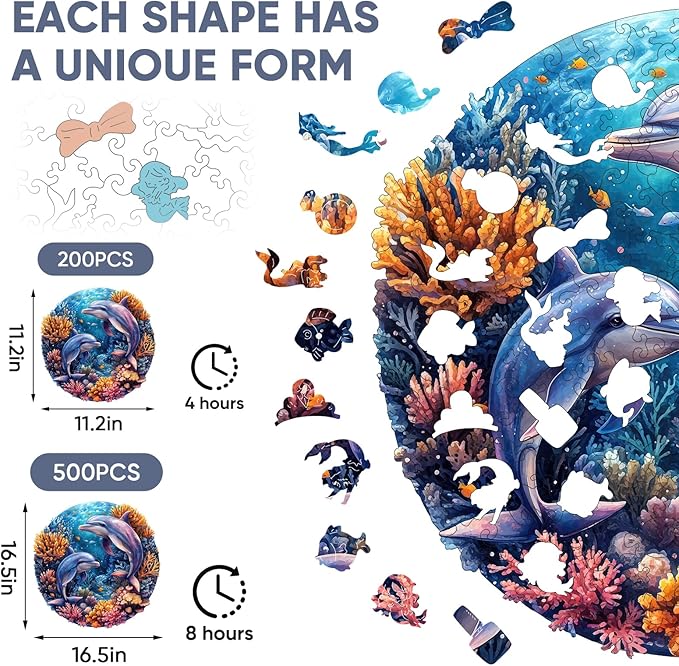 Qiuenisray Wooden Puzzles for Adults, Dolphins Jigsaw Puzzles 200 Pieces, FSC Certified Unique Shape Ocean Adult Puzzles, Irregular Wood Creative Gift for Family Game 11.2 x 11.2 in