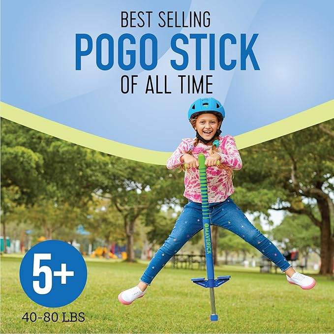 Flybar Maverick 2.0 Foam Pogo Stick for Kids Ages 5 and Up, 40 to 80 Pounds, Outdoor Kids Toys, Pogo Stick for Boys and Girls, Rubber Grip, By The Original Pogo Stick Company (Blue/Green)