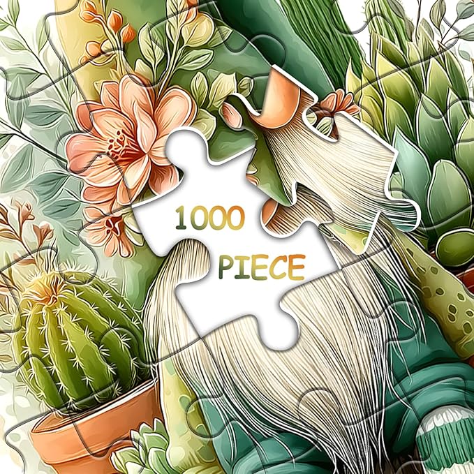 Cactus Gnome Puzzles for Adults 1000 Pieces Funny, Spring Succulent Plant Garden Cute Gnome Jigsaw Puzzles, Nature Flower Themed Challenging for Adults