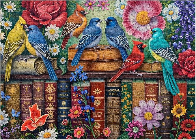 Flower Birds Puzzles for Adults 1000 Pieces, Wildflowers Bookshelf Jigsaw Puzzles, Challenging Spring Animal Puzzle as Home Wall Art Decor