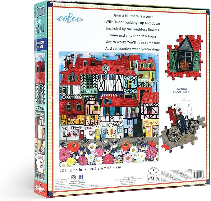 eeBoo: Piece and Love Whimsical Village 1000-piece square Jigsaw Puzzle for Adults and Families, Includes Glossy, Sturdy Pieces and Minimal Puzzle Dust