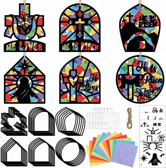 24 Set Easter Suncatchers Crafts DIY Christian Paper Cross Kit He is Risen Craft Jesus Religious DIY Hanging Decor Window Art Activity Gifts for Sunday School VBS Church Decoration