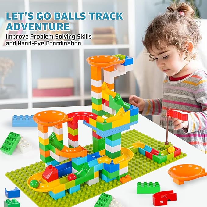 Marble Run Building Blocks for Kids, 145 PCS Building Bricks Construction Toys with Step-by-Step Guide, STEM Toy Track Compatible with Major Brands for Age 3 4 5 6 7 8+ Boys Girls Birthdays