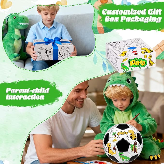 Size 4 Color Your Own Soccer Ball Black Dinosaur DIY Custom Craft Kit with Pump 12 Markers Personalized Youth Toddler Training Paint Your Own Toy Creative Gift for Kids