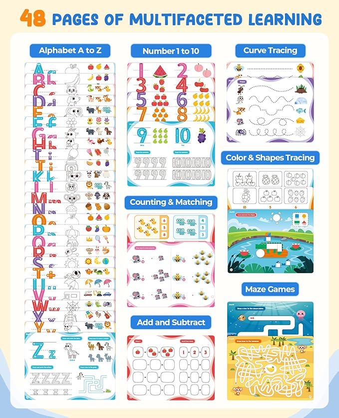 JoyCat Preschool Learning Activities 48 Reusable Pages, Handwriting Practice for Kids Toddlers, Tracing Letter Number Workbooks, Educational Autism Busy Book, Learning Gift Toys for 3 4 5 Year Olds