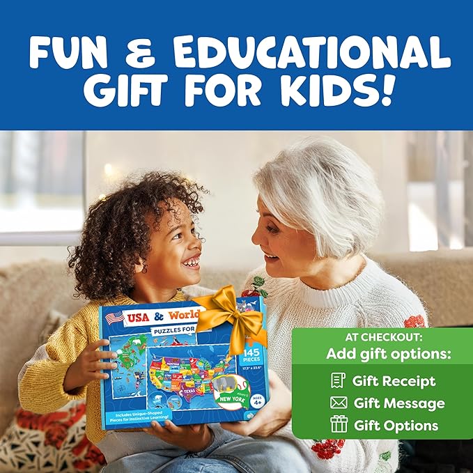 Puzzles for Kids Ages 4-6-8-145pcs World Map & United States Puzzle - Educational Toys for 4+ Year Old - Kids Puzzles Ages 5-8 - Puzzle Games for Kids Ages 5-8 - Gifts for 4 Year Old Girl, Boys