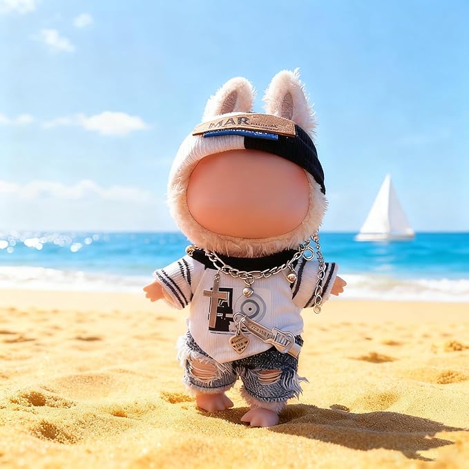 17cm Dolls Clothes, 5-Piece Set Fashion Dress Up Doll Outift Accessories with T Shirt, Pants, Headband, Necklace, Brooch for Dolls
