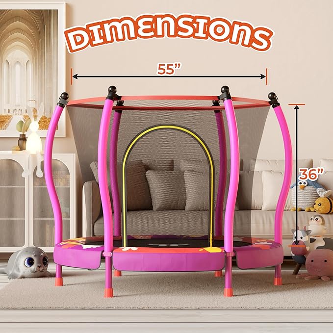 Happin® 55’’ Trampoline for Kids with Safety Enclosure, Indoor & Outdoor Toddler Trampoline, Ultra Safe Design with Multi Activity Accessories, Perfect Toddler Gift for Boys & Girls Ages 1–8