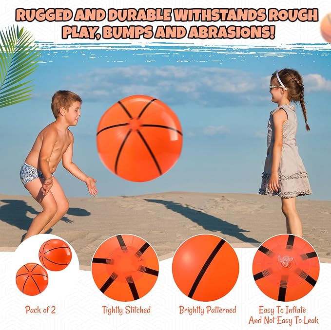 2 Pack 20 Inch Inflatable Basketball, Large Basketball Beach Ball for Pool, Bouncing Sports Ball for Summer Beach Game Birthday Party Decorations
