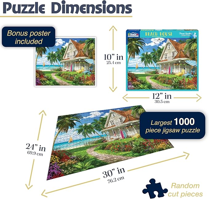 White Mountain 1000 Piece Jigsaw Puzzle Summer Ocean Beach Scene Puzzles with Large Pieces Gift for Adults and Family 24"x30" - Beach House