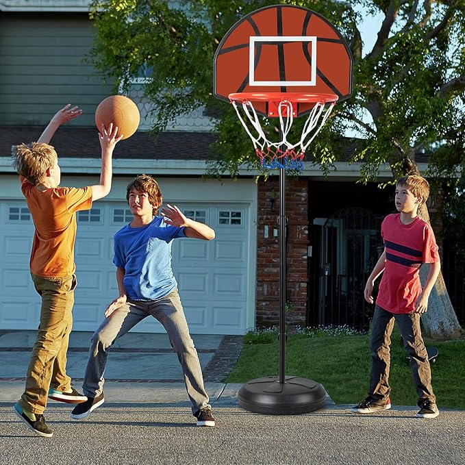 GYMAX Kids Basketball Hoop with Dart Board, 3.2-4.8 FT Adjustable Indoor & Outdoor Toddler Basketball Hoop with Fillable Base & 6 Darts, Toy Basketball Goals for 3 4 5 6 7 8 Years Boys Girls Gift