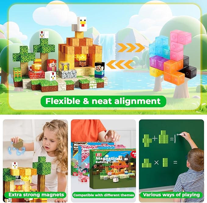200PCS Magnetic Blocks with Light-Up Blocks, Magnet Building Blocks, Stacking Magent Cubes, STEM Montessori Educational Sensory Toys for Boys & Girls Ages 3-12 Easter Birthday Gift