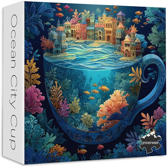 PICKFORU Ocean City for Adults 1000 Pieces, Colorful Fantasy Cup Jigsaw Puzzles Coral Fish, Difficult Challenging Sea Landscape Theme as House Decor