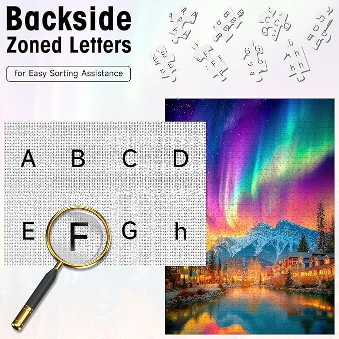 Puzzles for Adults 1000 Pieces, Northern Lights Aurora Over Mountain Village Winter Landscape Jigsaw with Letters on Back, 20x28 Inch Wall Art, Challenging Relaxing Family Game